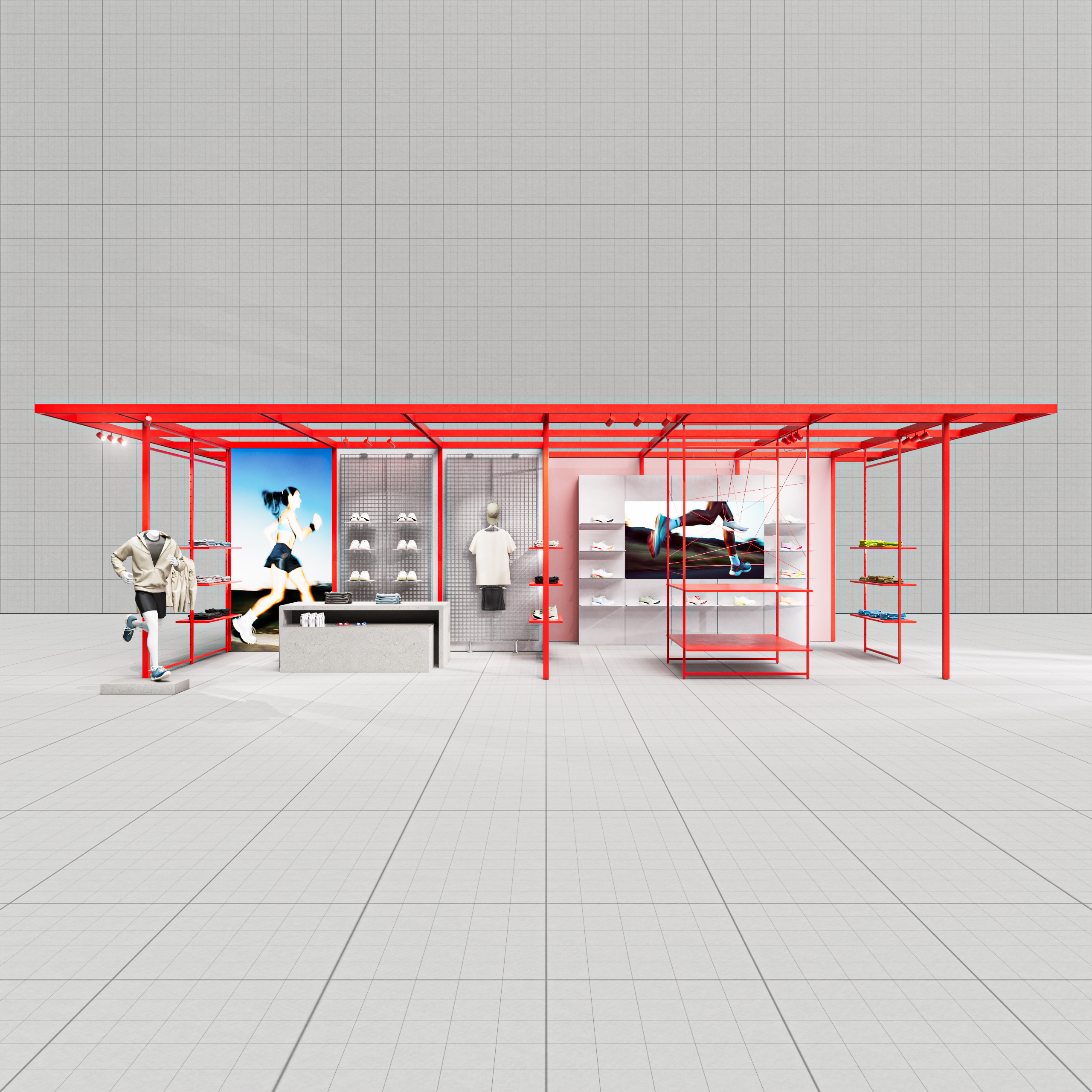 Red freestanding display system with sportswear, shoes, and large sports photos on the back wall in a bright room.