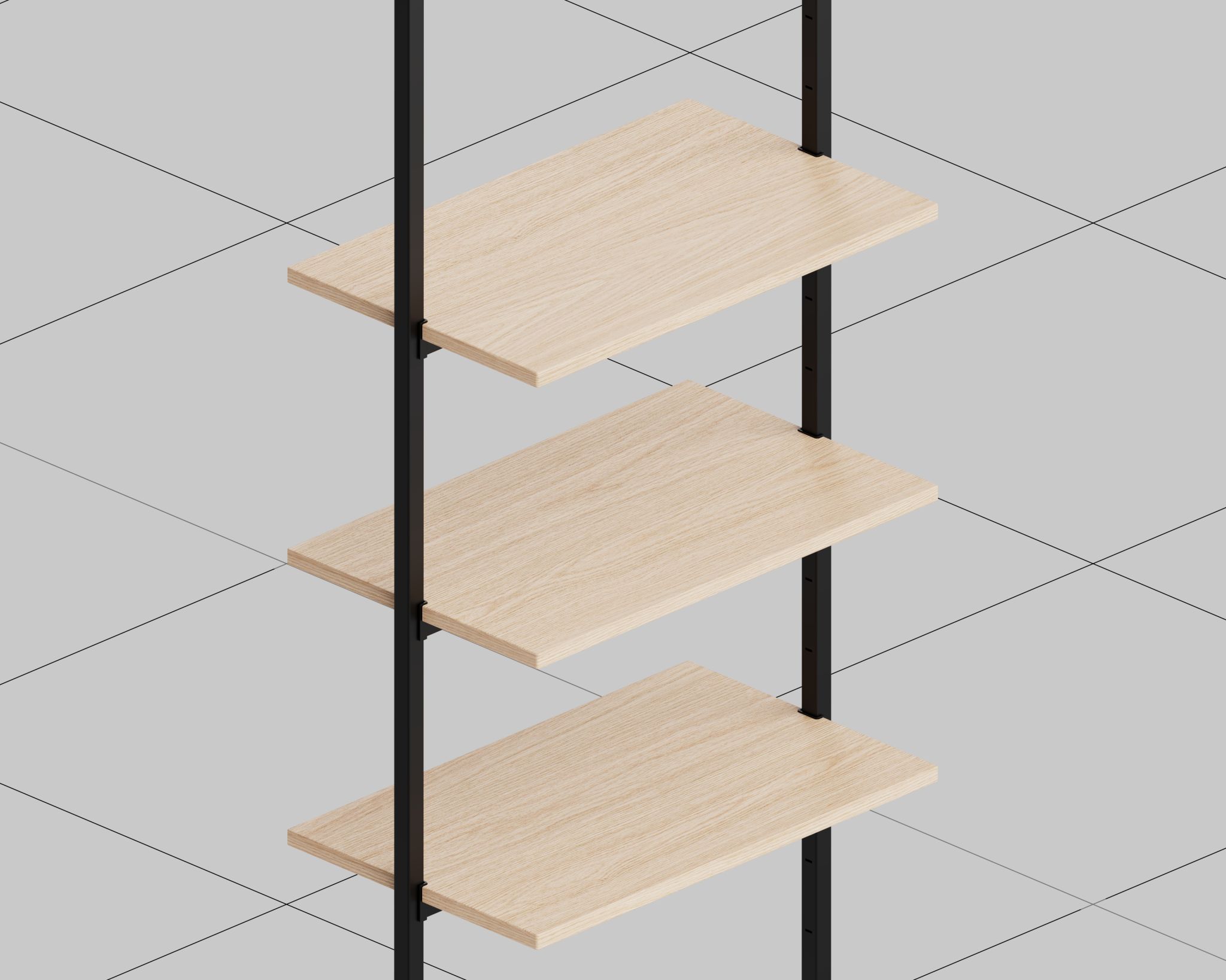 Merchandise display with three rectangular light wood shelves supported by black vertical metal bars.
