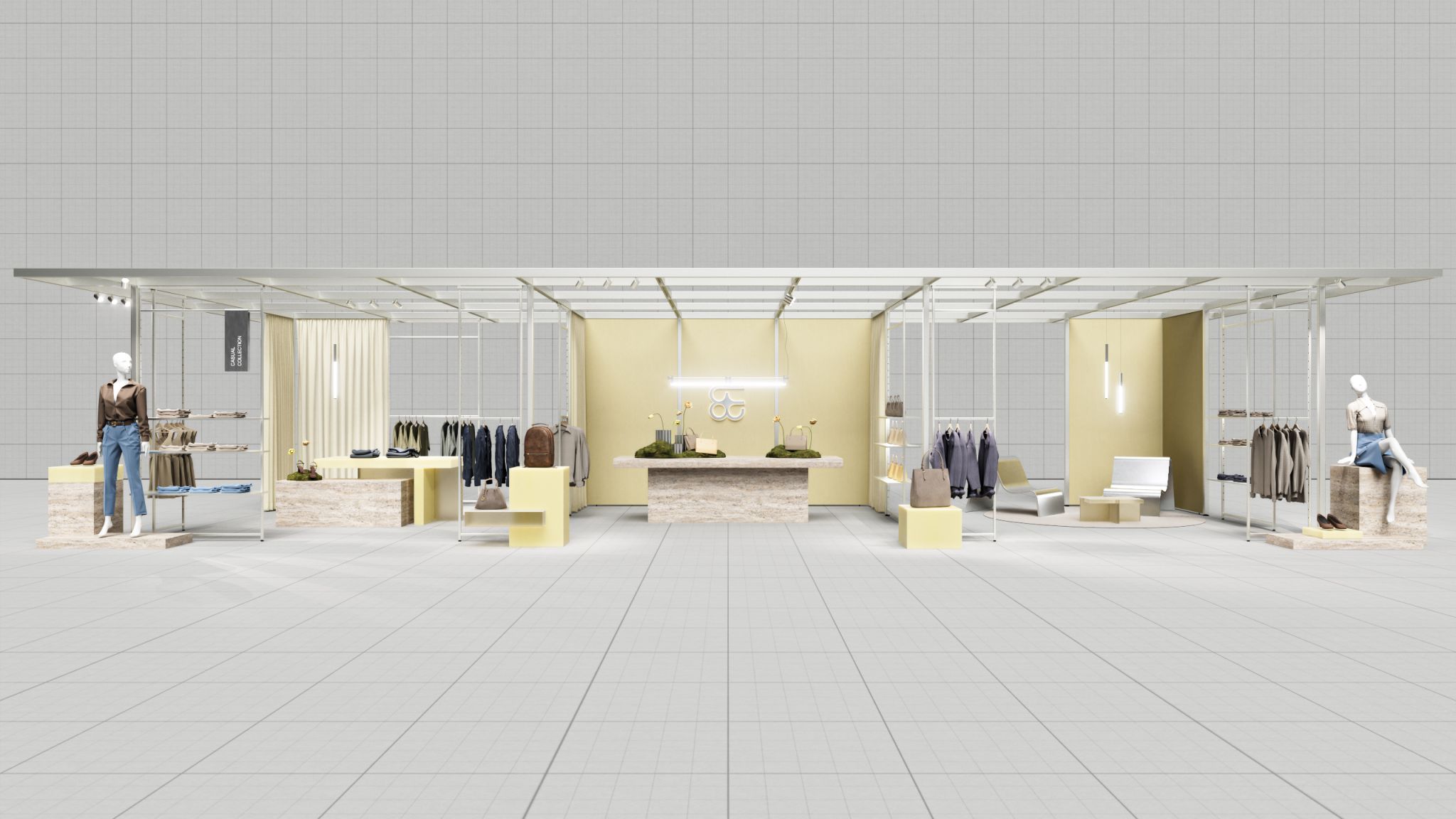 Freestanding metal structure system displaying women's clothing, shoes, and accessories in a bright, open retail space.