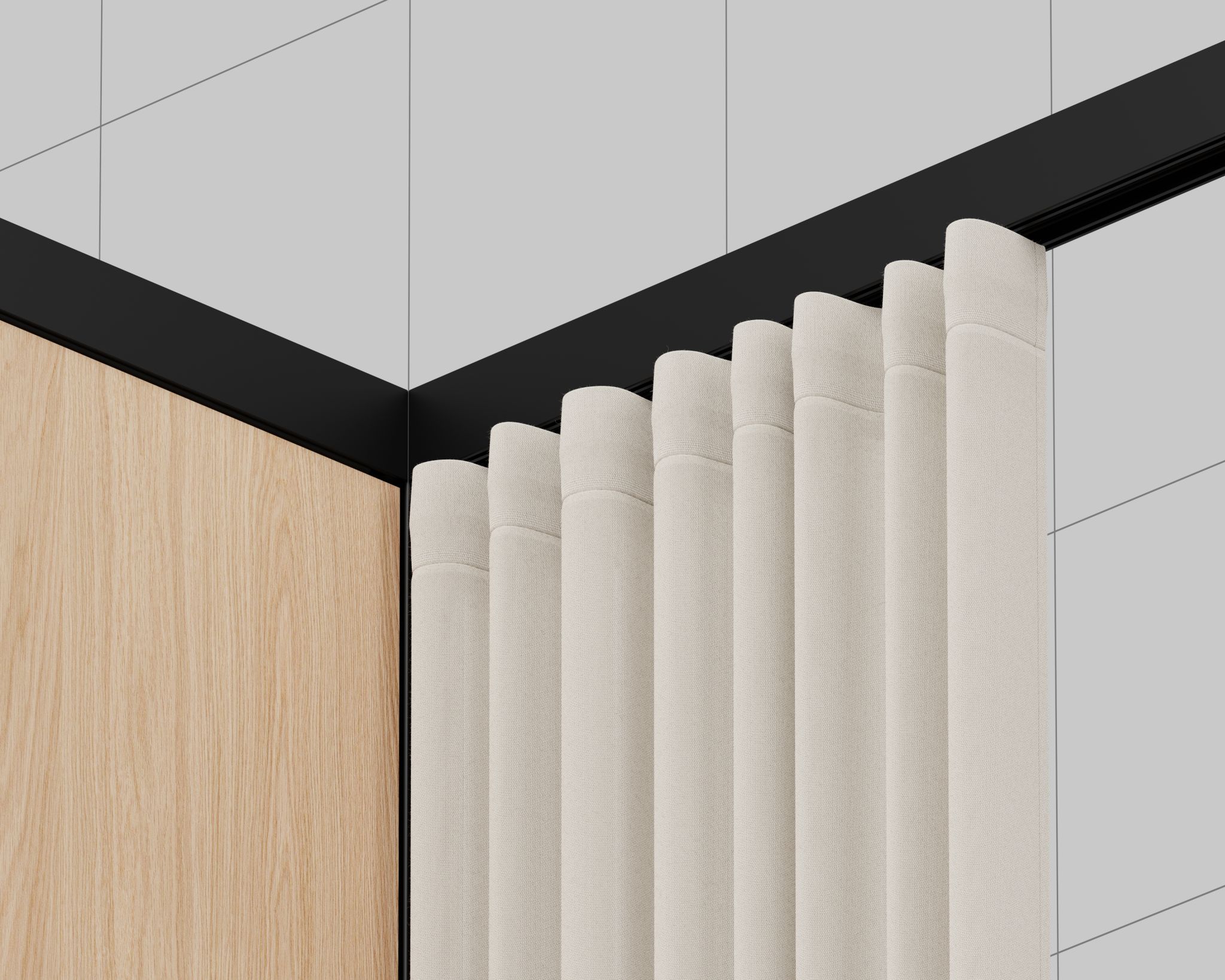 Corner view of a white folded curtain on a black curtain track against a light gray wall and wood paneling.