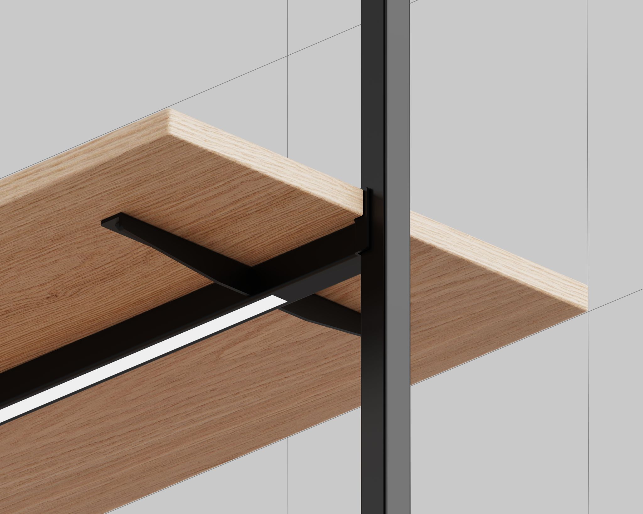 Wooden shelf with black light rail and black bracket attached to vertical metal profile.
