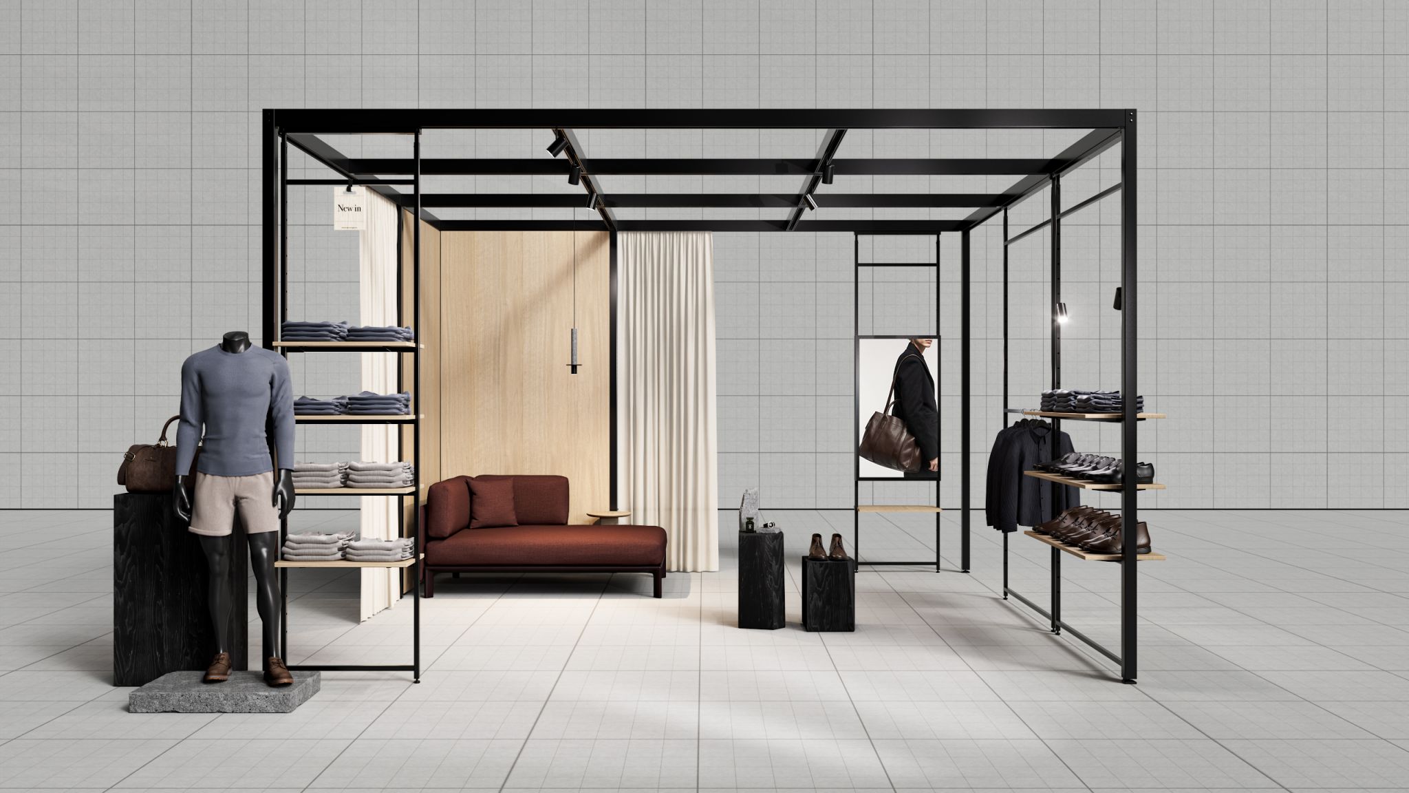 Freestanding metal structure system with shelves, mirror, brown sofa, mannequin wearing gray sweater and shorts, shoes and bags in retail setting.