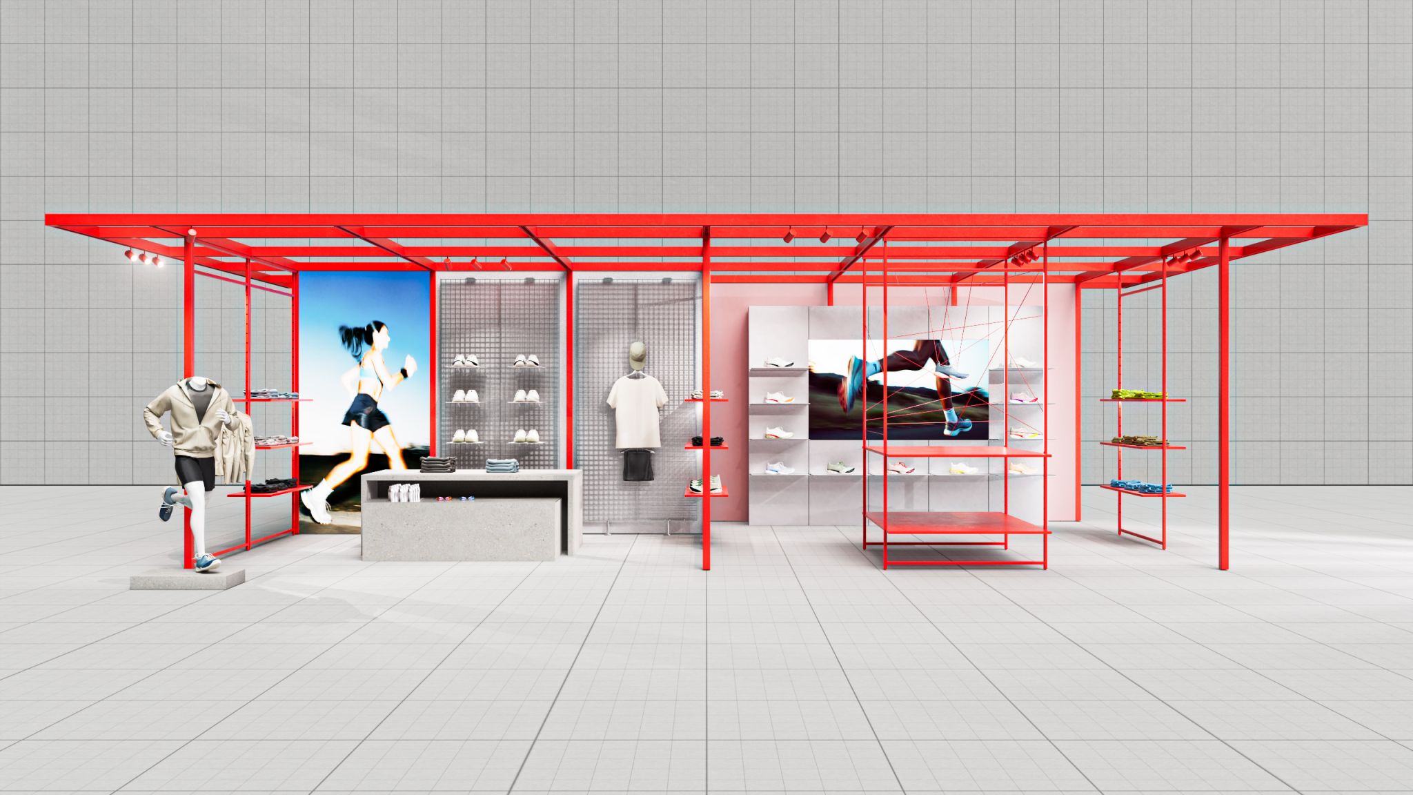 Open retail stand with red metal frame, sportswear and shoes, two large advertising images featuring athletes.