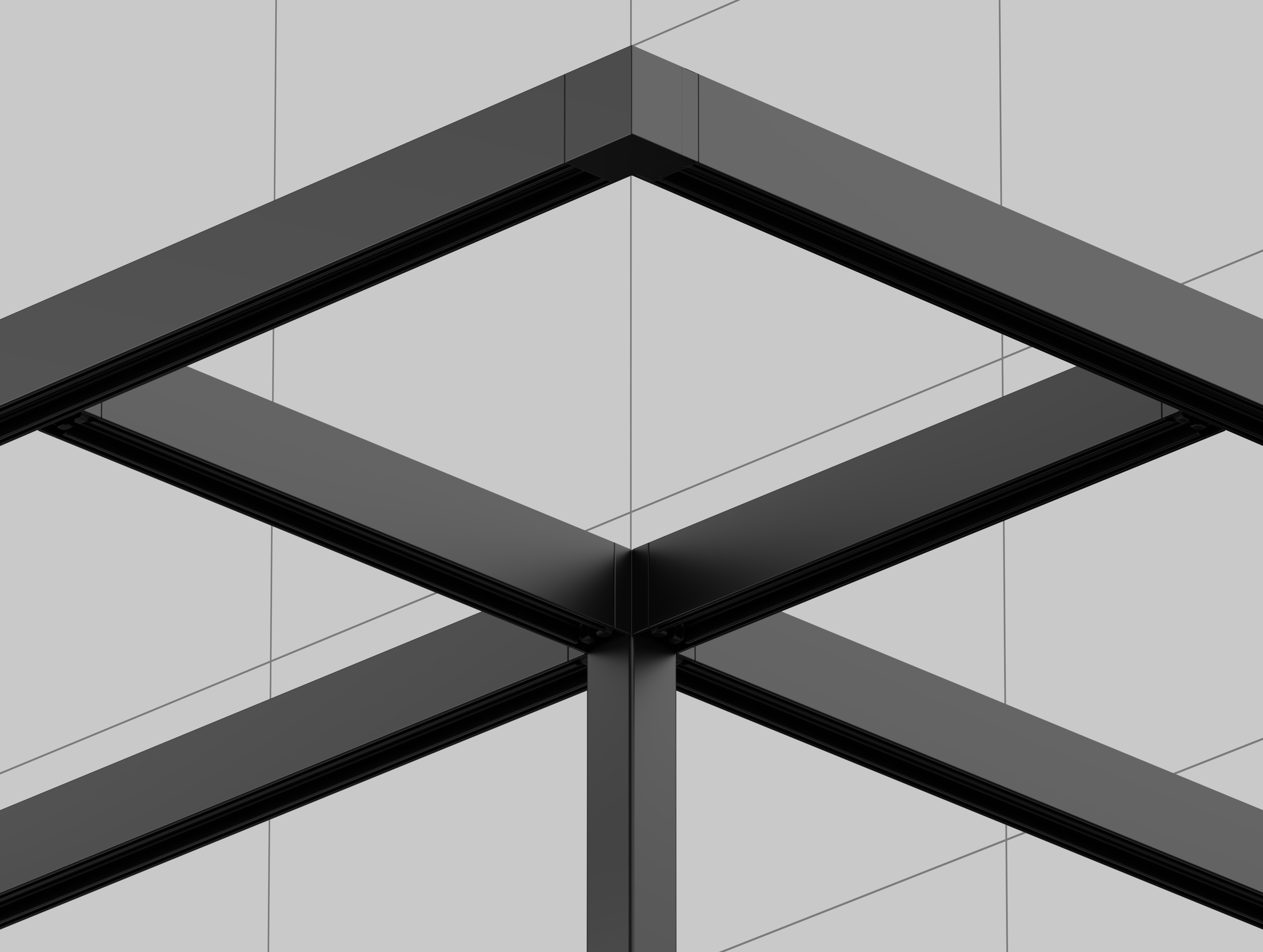 Black steel structure with rectangular frames against a light gray wall with line pattern.