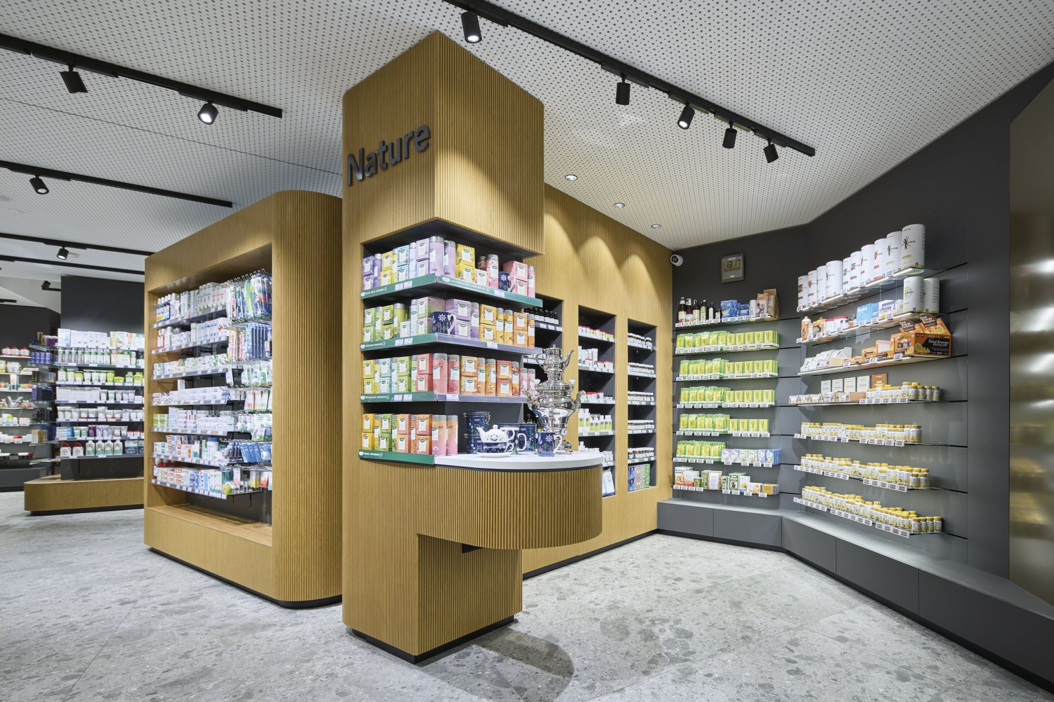 Interior view of the Sterzing town pharmacy with product overview.