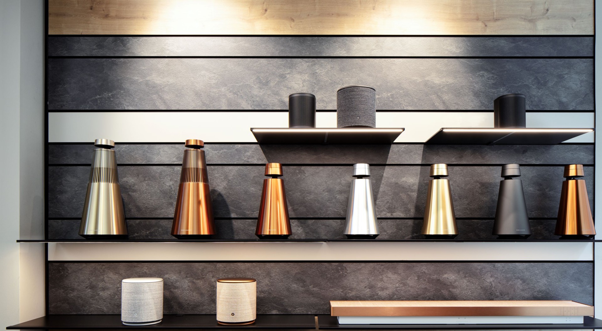 Elegant speakers placed on a shelf wall.