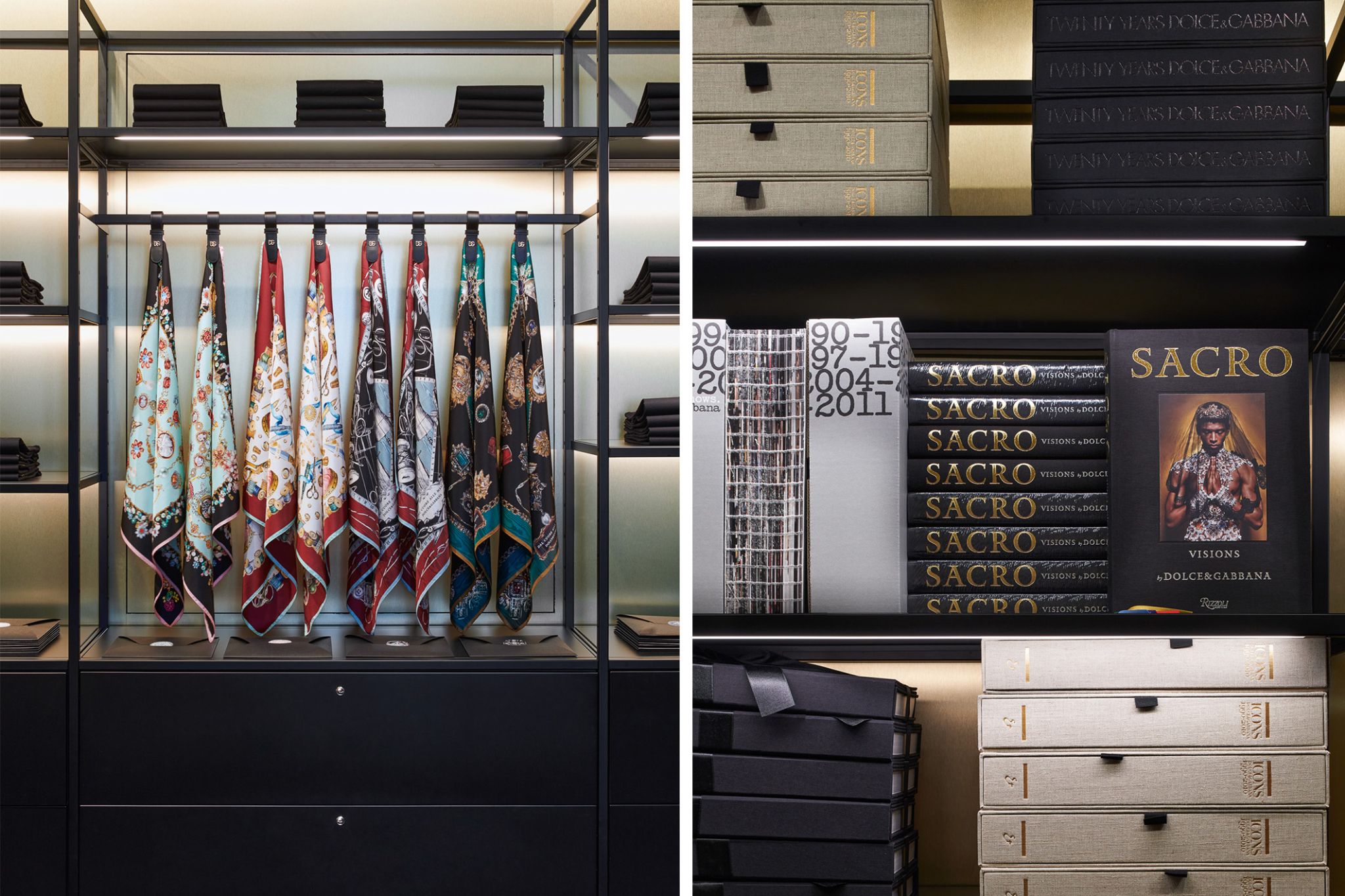 Displayed merchandise from Dolce&amp;Gabbana with Visplay's shelving system at the Palazzo Reale in Milan.
