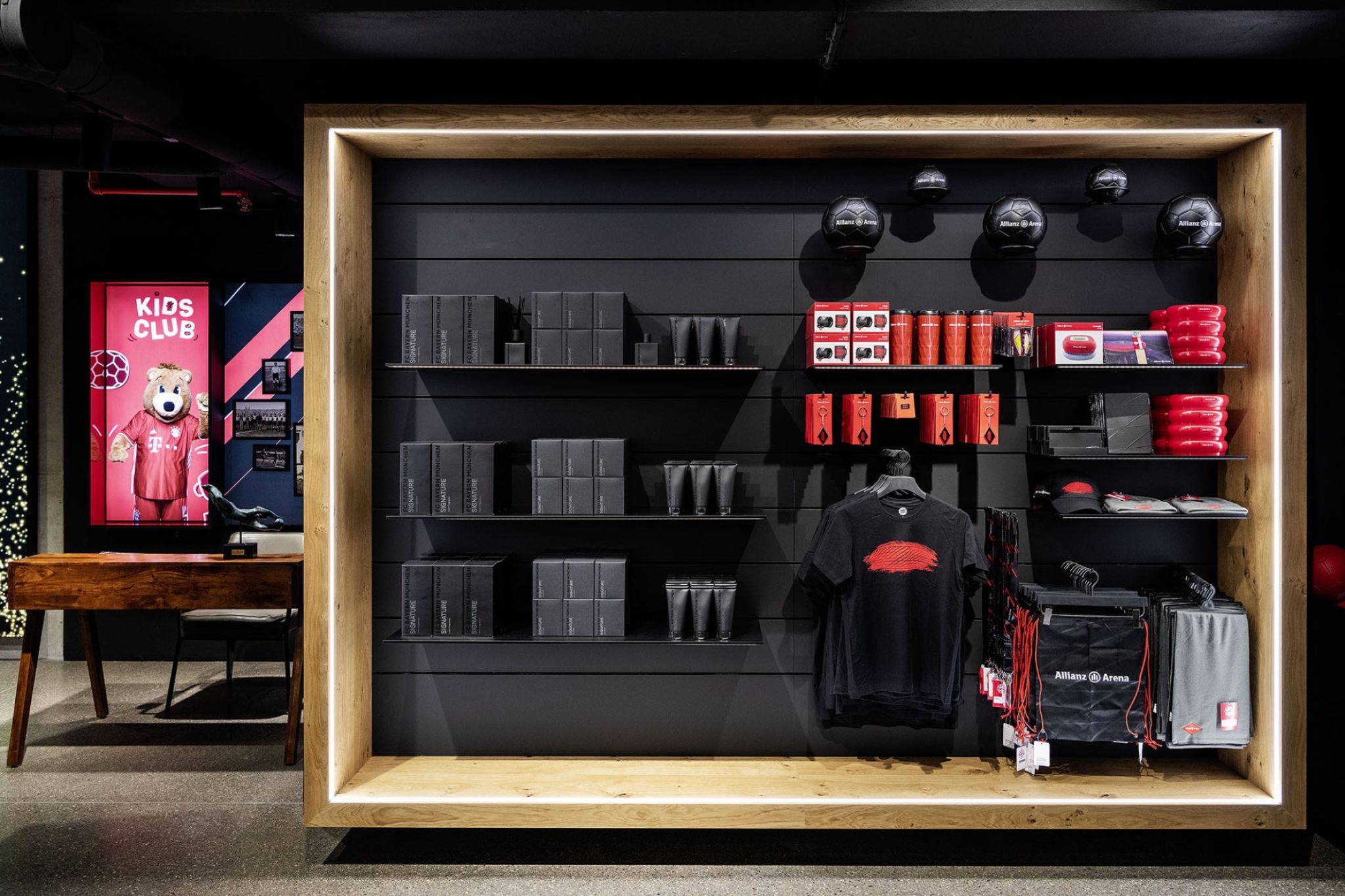 FC Bayern Munich merchandise on a retail shelf.