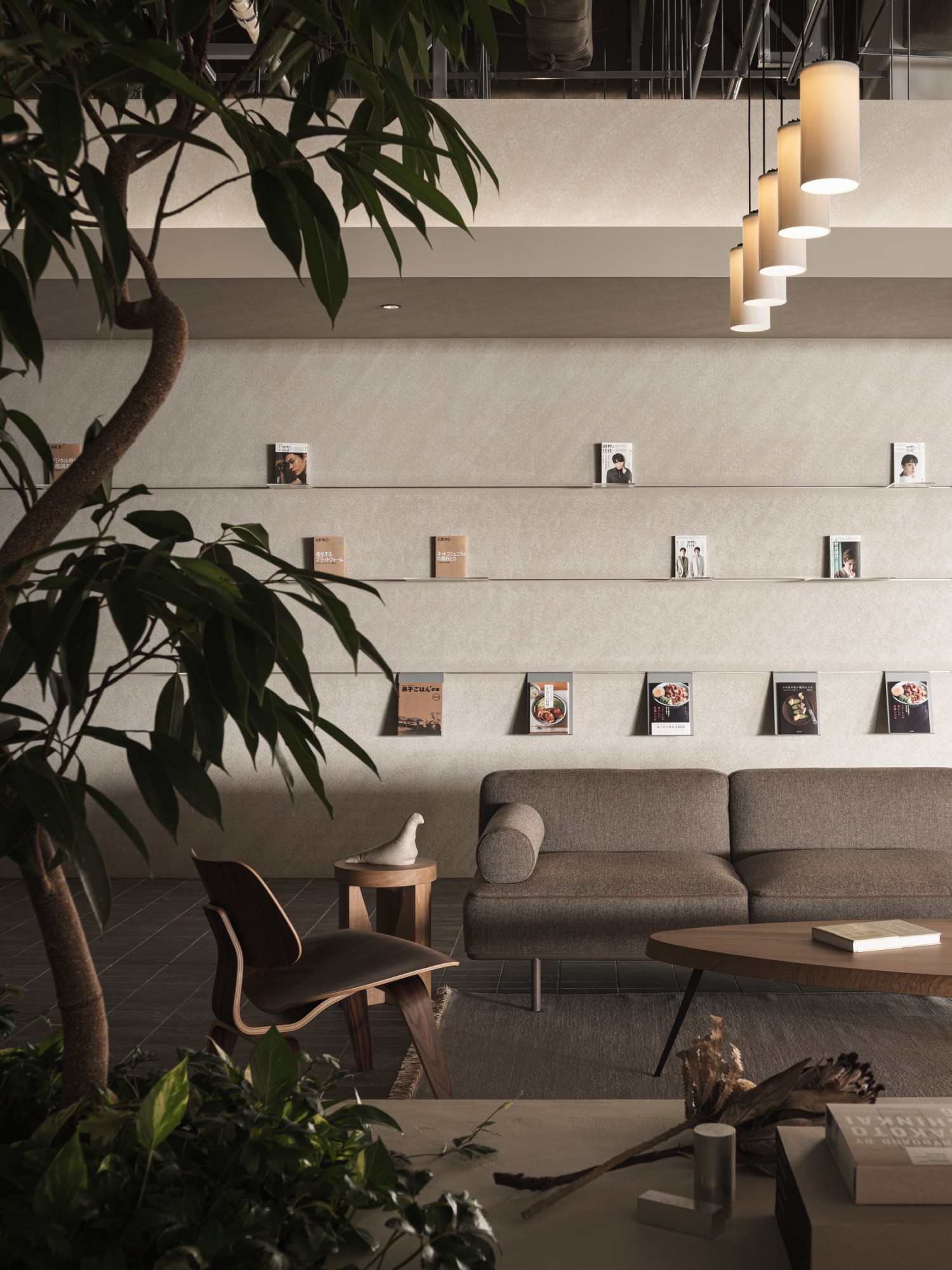A detail shot of a modern room with a large plant in the foreground.
