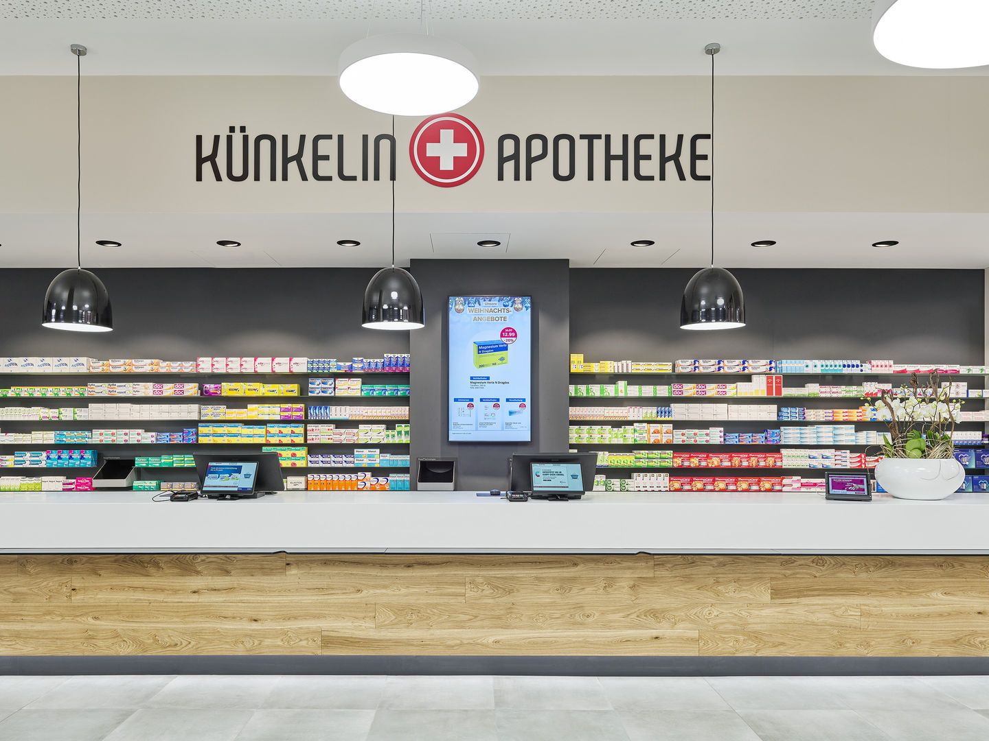 Front view of the checkout area of a pharmacy.