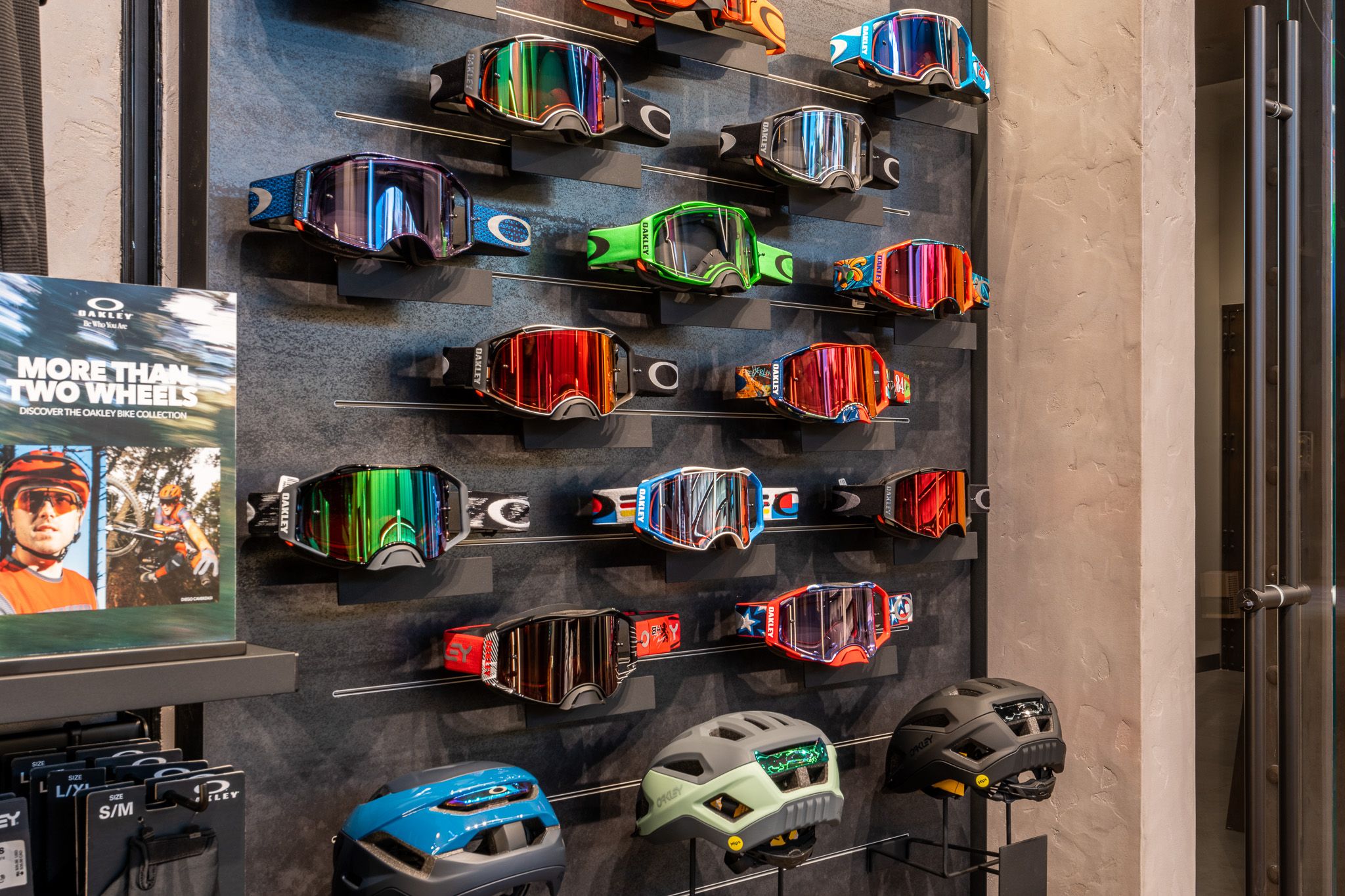 Visplay's flexible merchandise support systems display Oakley's sports-gear collection.