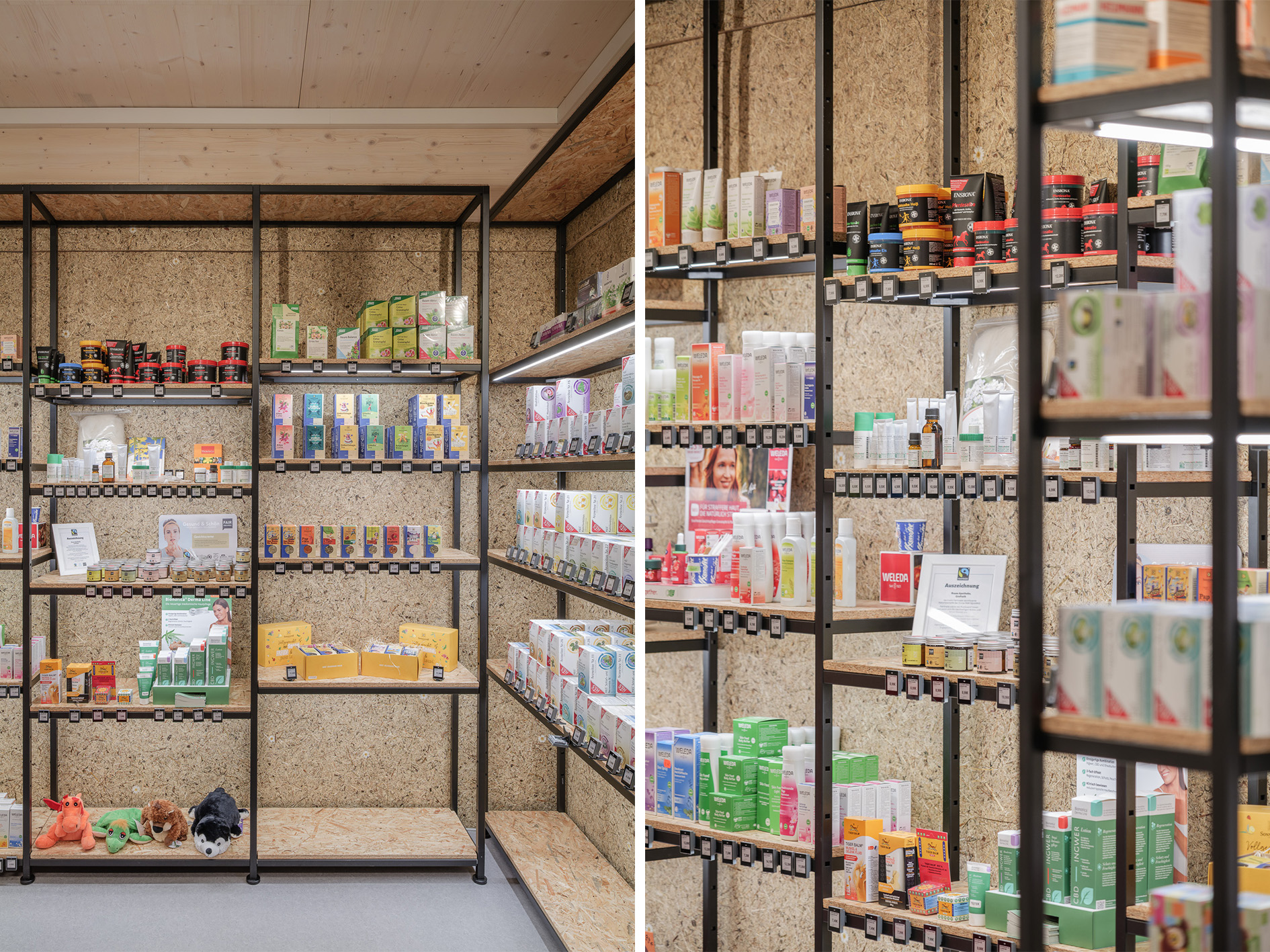 Visplay's free standing shelving system Qubo 25 equipped with goods at the Rasso pharmacy in Grafrath.