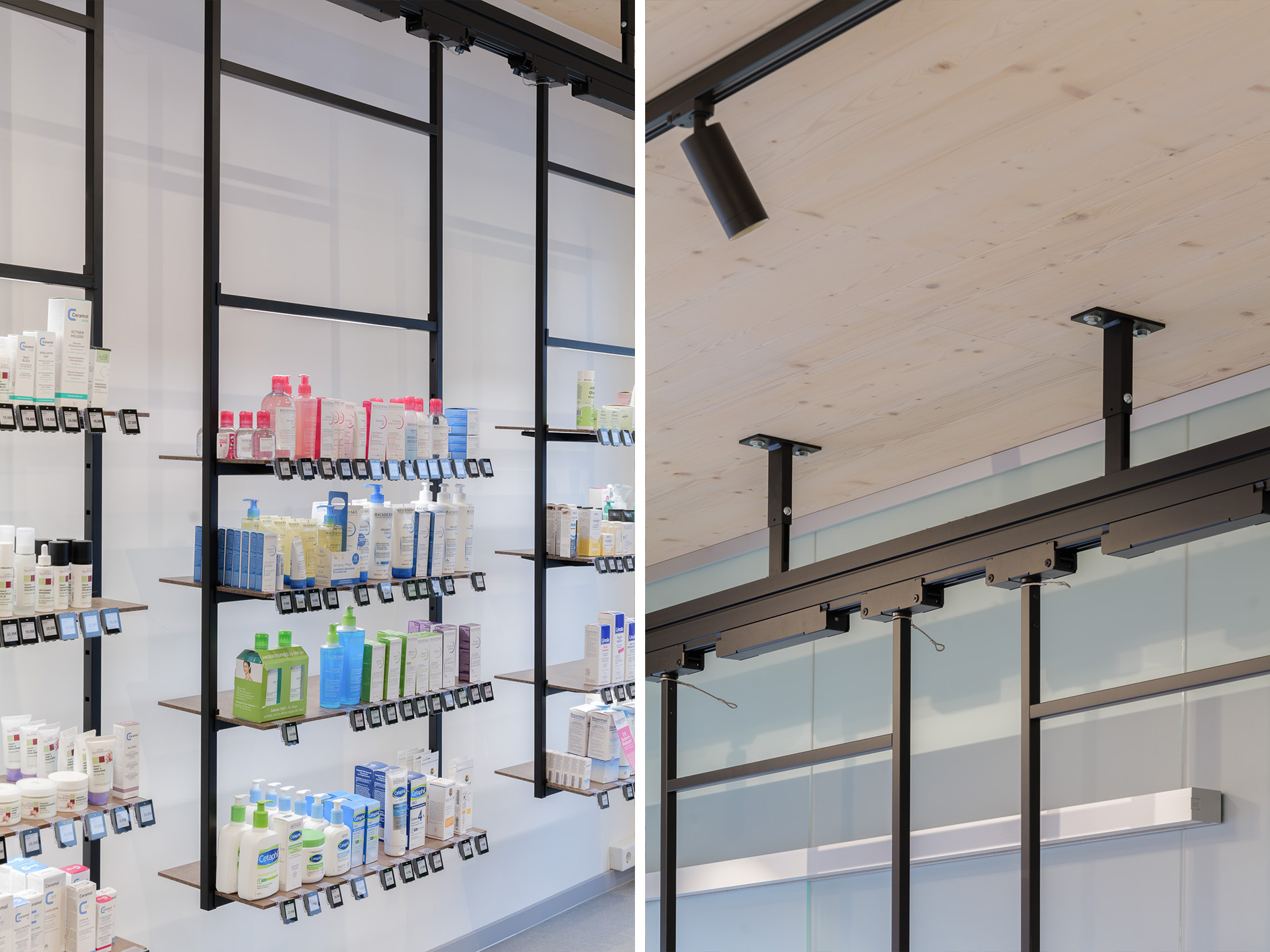 Visplay's Multi-Lane ceiling track system in use at the Rasso pharmacy.