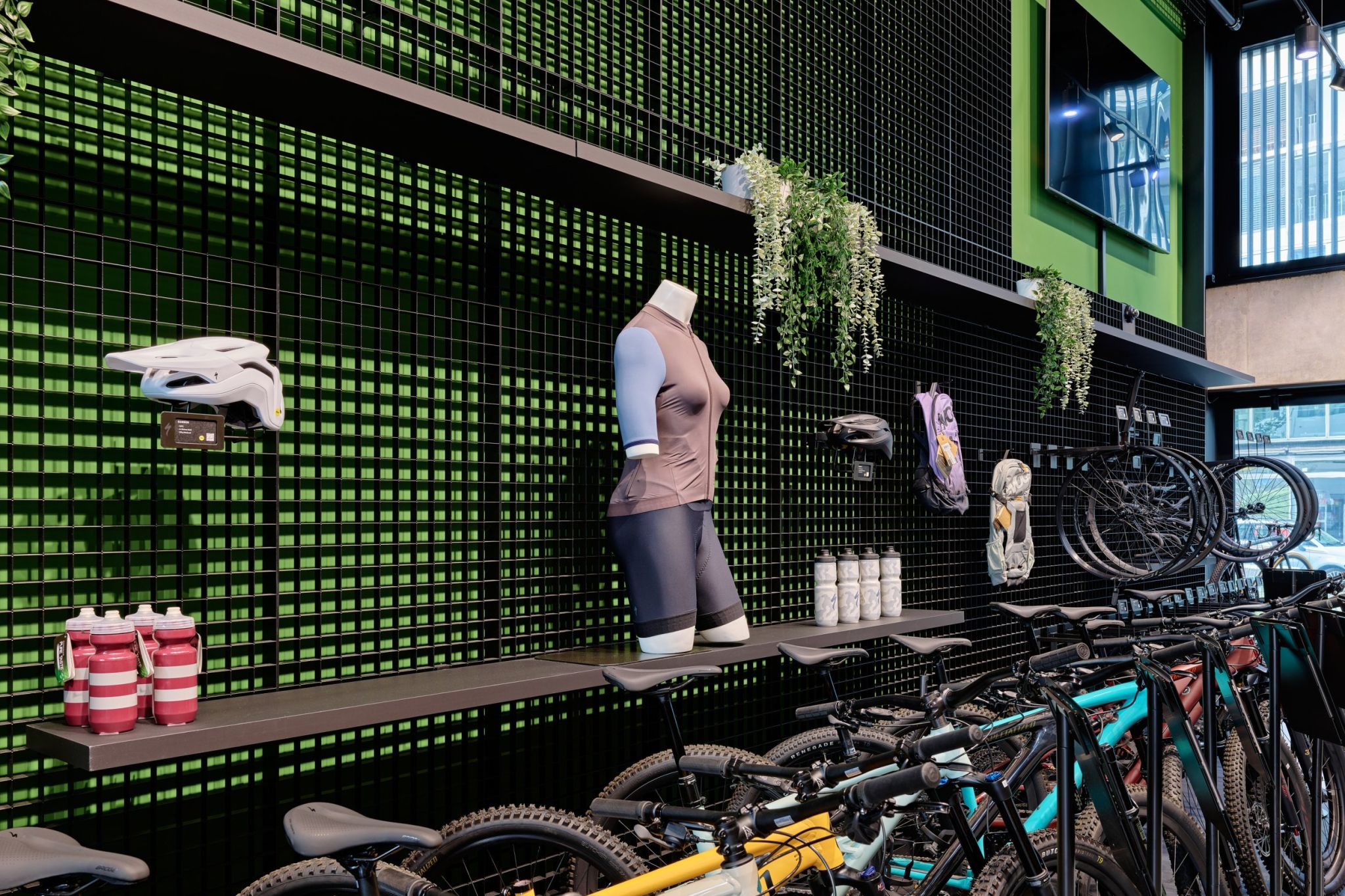 Visplay's Grid merchandise display system showcases Specialized's merchandise in its Zurich store.