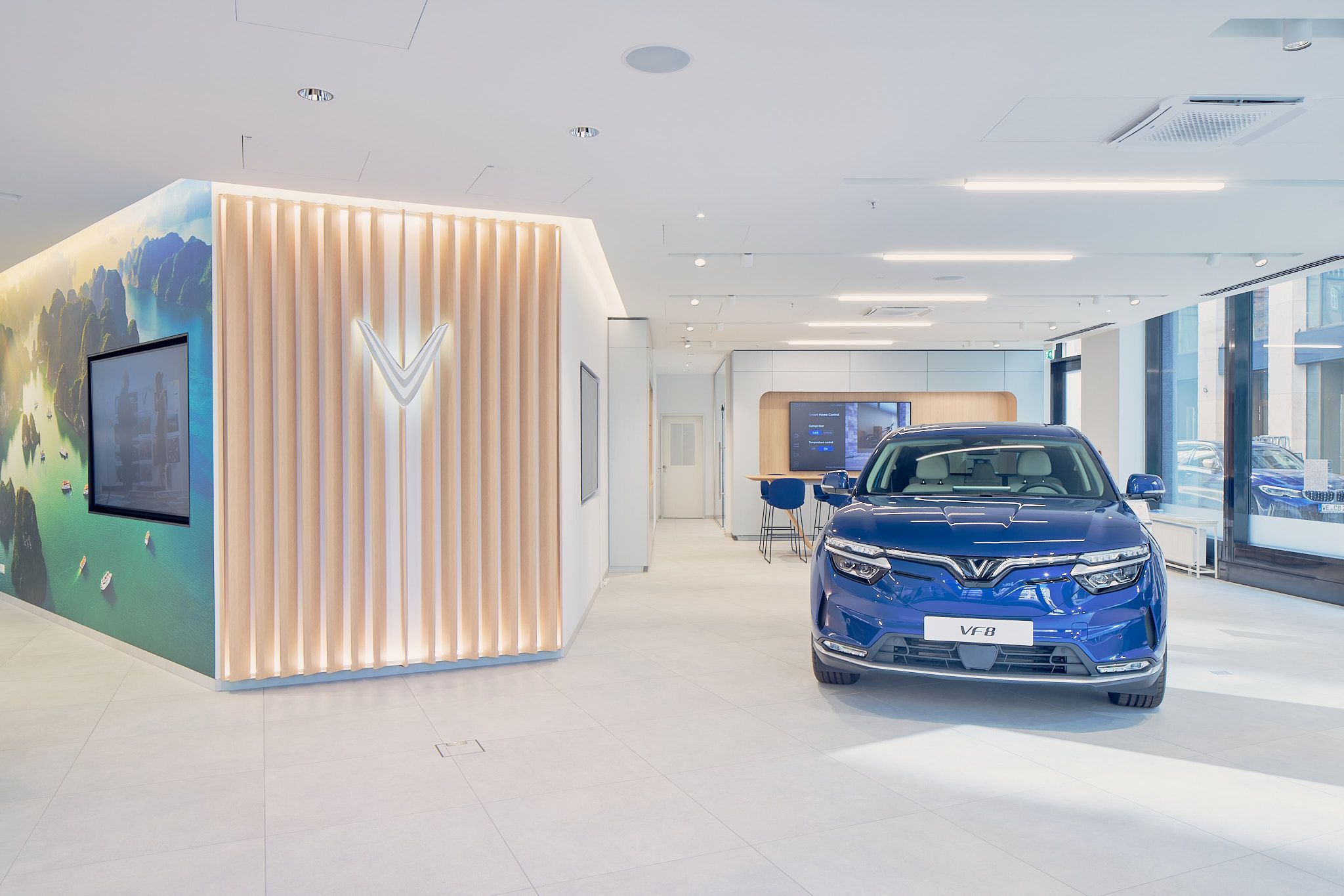 Vinfast car model in the entrance area of their showroom in Hamburg.