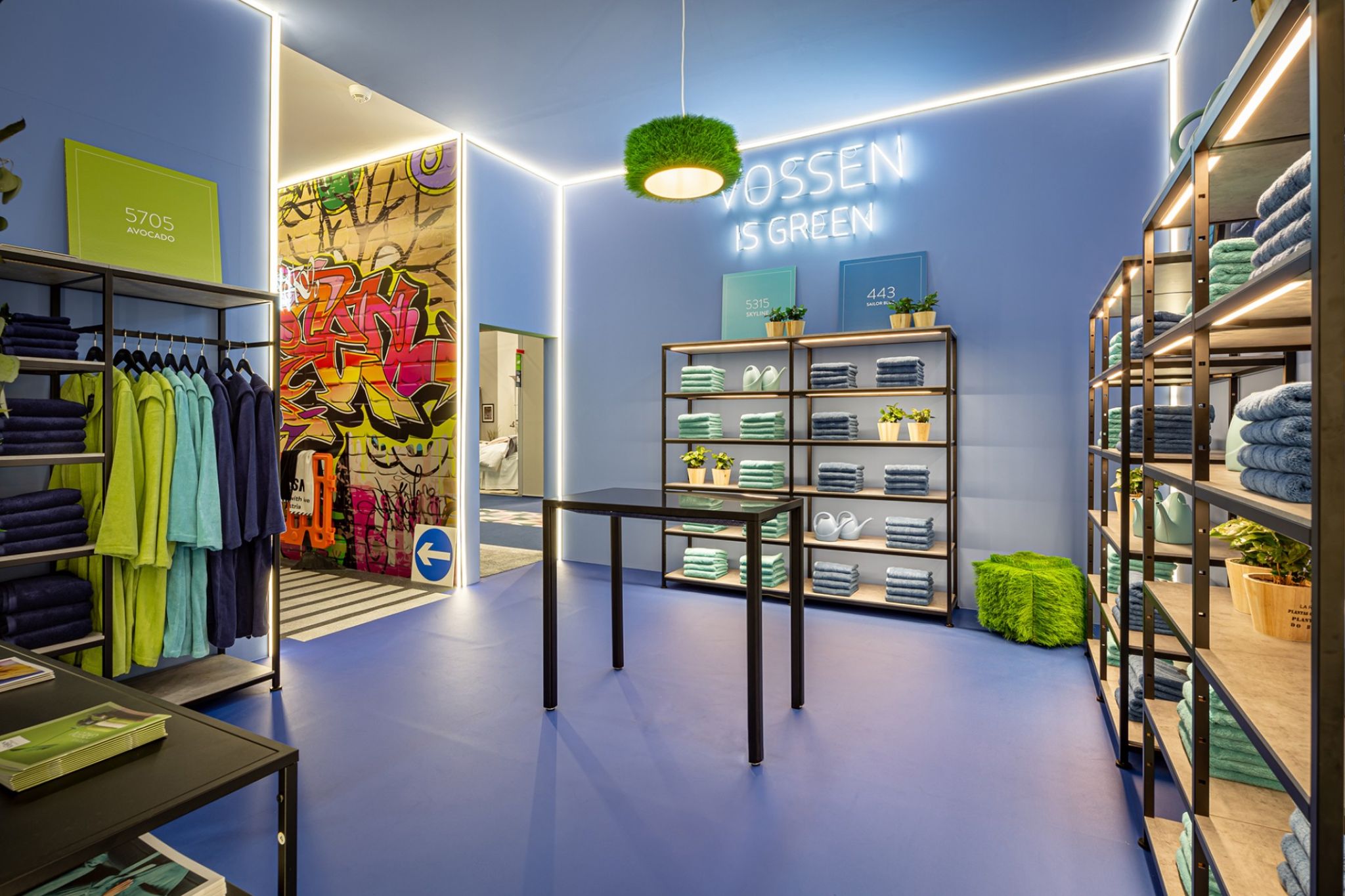 Colorful room equipped with merchandise carriers.